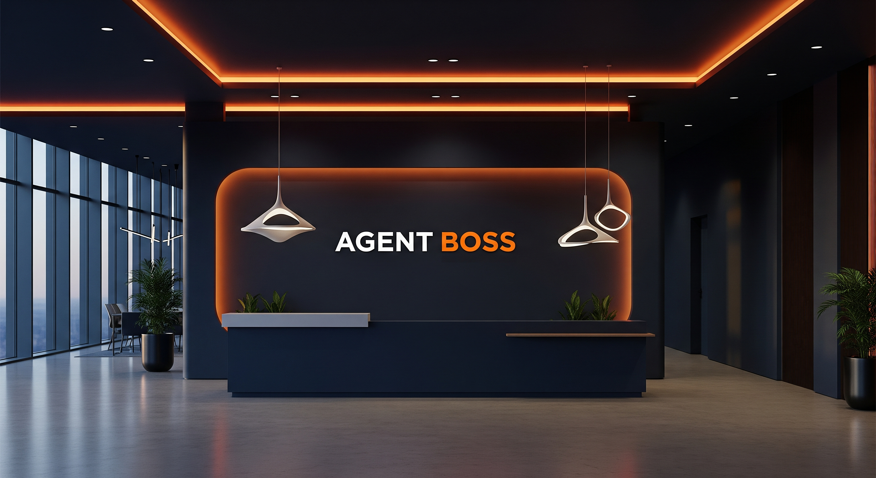 Agent Boss reception — brand wall AGENT BOSS